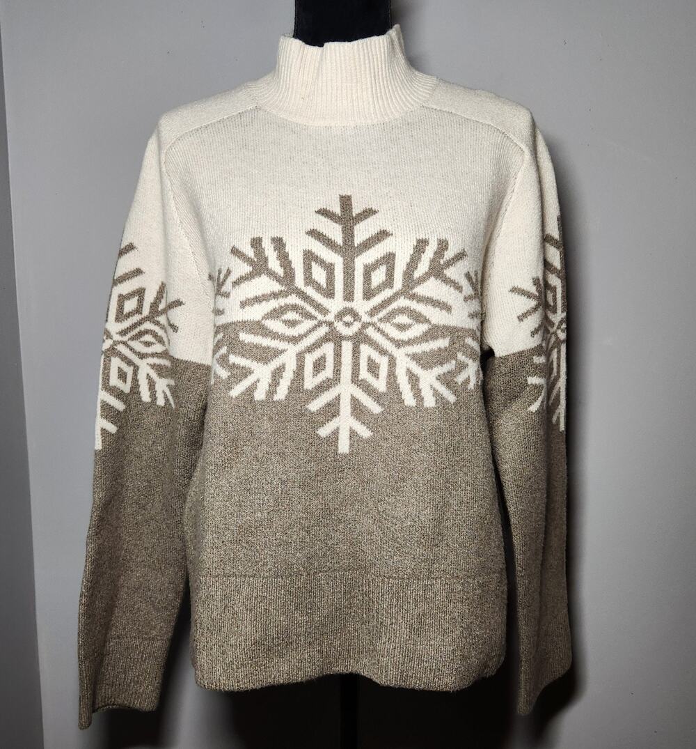 LOFT New Snowflake Mock Neck Tunic Sweater Womens S Taupe Cream Colorblock Ski